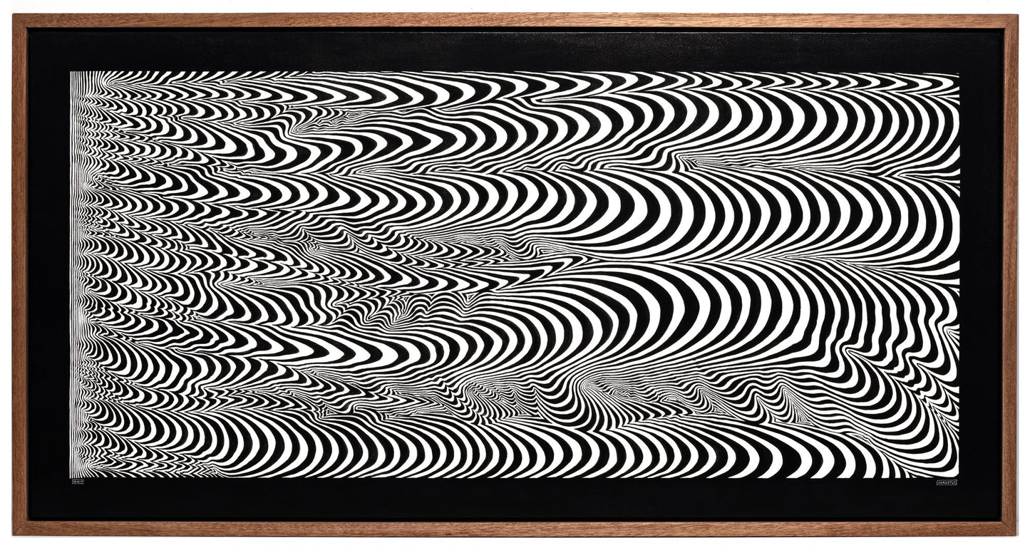 Josh Galletly Art, contemporary black and white line paintings, optical illuson psychedelic energy fields